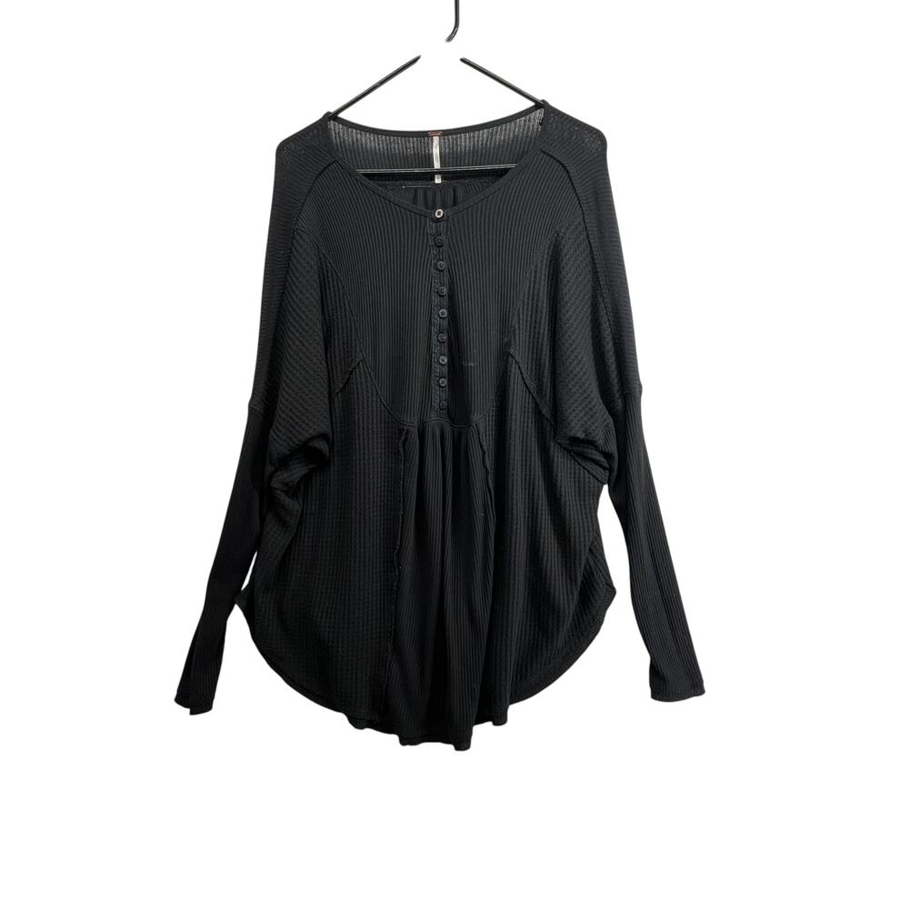 Free People Size Large Leo Henley Tee In Black Oversized Thermal Boho Long Sleev - Picture 2 of 4